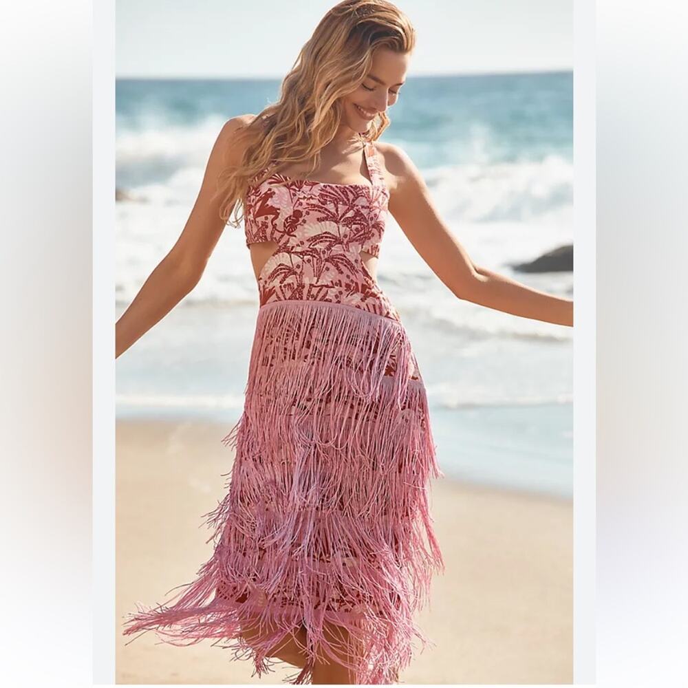 Anthropologie Celandine NWTs Linen Pink Fringe Column Midi Dress size XL
